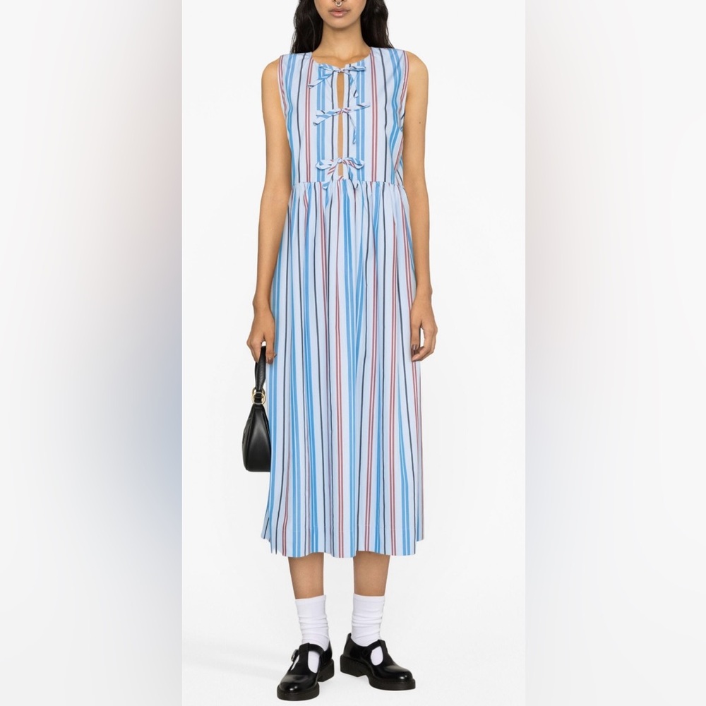 GANNI Brilliant Blue Stripe Organic Cotton Midi Dress Size EU 38 US 6